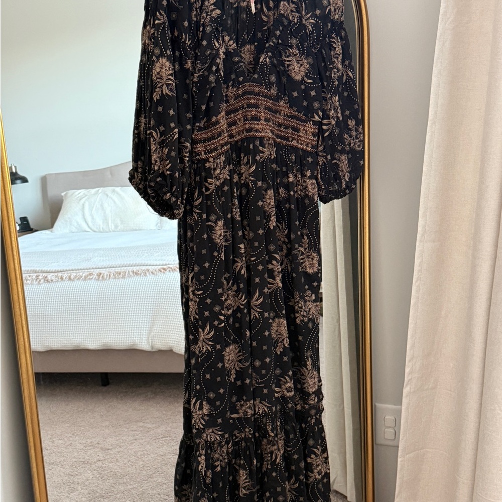 Free People Black and Brown Floral Long Sleeve Dress